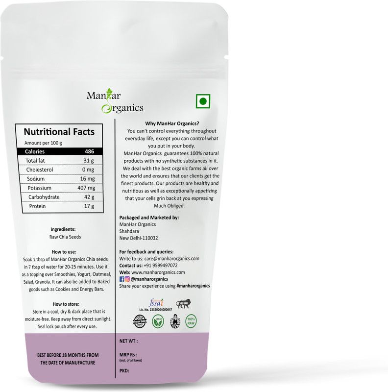 ManHar Organics Raw Chia Seeds For Eating & Weight Loss Management Rich in Antioxidants, Omega 3  (750)