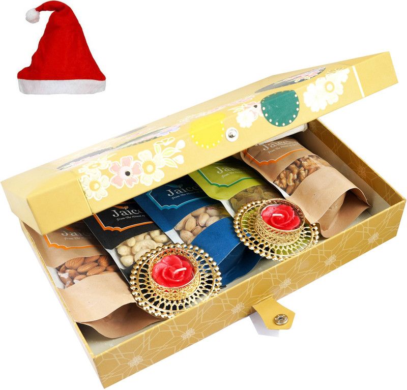 Jaiccha Christmas Gift-Gold 4 part with Almonds, Cashews, Pista, Raisins, Walnuts and 2 T-Lites Combo  (500g)