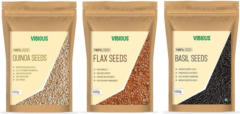 VIBIOUS Premium Grade pack of 3 Edible Raw Seeds of Quinoa, Basil & Flax 300g(100gX3)  (300 g, Pack of 3)