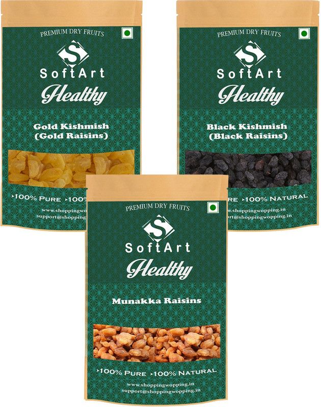 Soft Art Gold Kishmish (Gold Raisins), Black Kishmish (Black Raisins) & Munakka Raisins (250g Each) Vaccum Pack Raisins  (3 x 250 g)