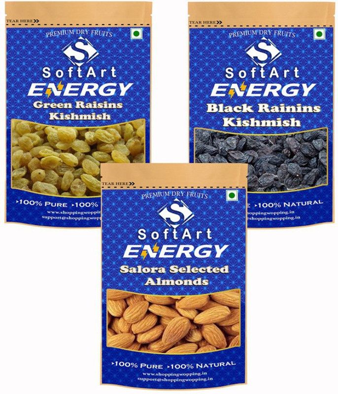 Soft Art Dry fruits combo of Green Kishmish,Black Kishmish,Salora Selected (250g Each) Raisins, Raisins, Almonds  (3 x 250 g)