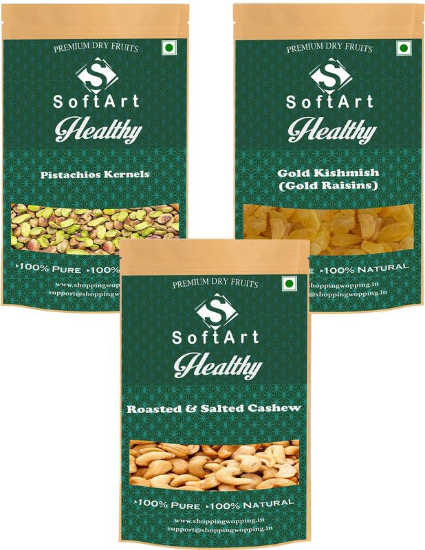 Soft Art Pistachios Kernels, Gold Kishmish (Gold Raisins) & Roasted & Salted Cashew (250g Each) Vaccum Pack Pistachios, Raisins, Cashews  (3 x 250 g)