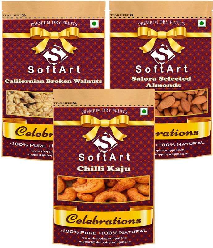 Soft Art Dry fruits combo of Broken Walnuts, Salora Selected Almonds & Chilli Kaju (100g Each) Walnuts, Almonds, Cashews  (3 x 100 g)