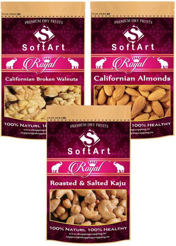 Soft Art Dry fruits combo of Broken Walnuts,Californian Almonds,Salted Kaju (100g Each) Walnuts, Almonds, Cashews  (3 x 100 g)