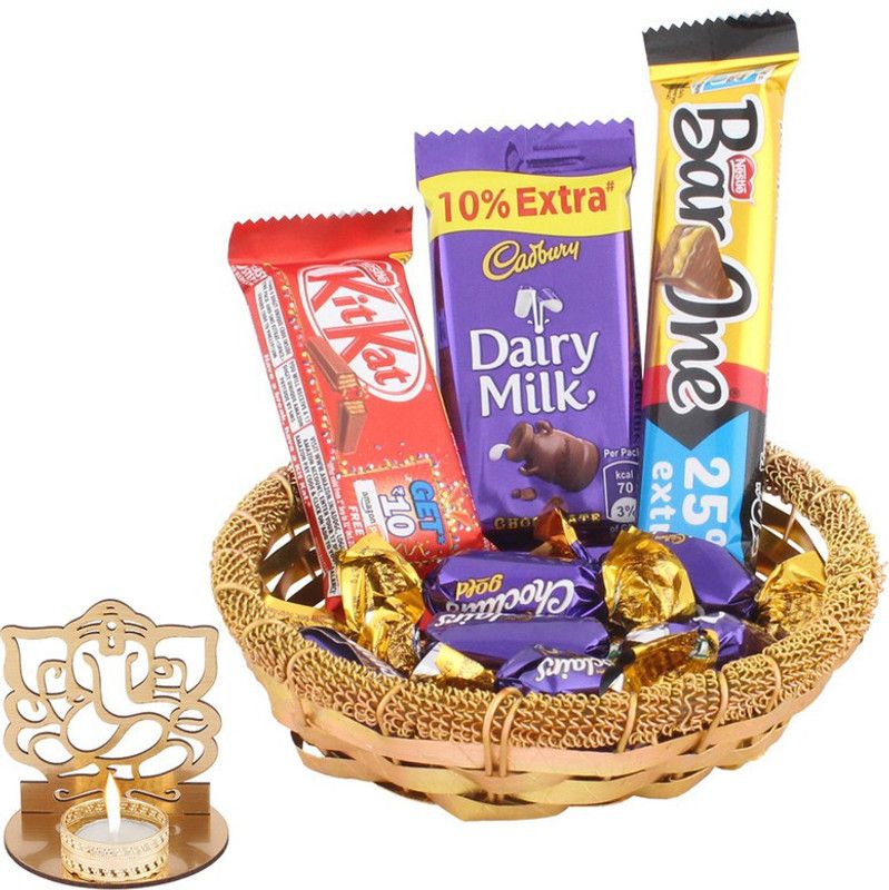SurpriseForU Mini Celebrations Gift Hamper | Diwali Gift | Shadow Ganesh Diya | Diwali Chocolate Hamper Combo  (1 Golden Katory , 1 BarOne (22g) , 1 Kitkat (12.8g) , 1 Dairy Milk (13.2g) , 5 Choclairs , 1 Shadow Ganesh Diya)