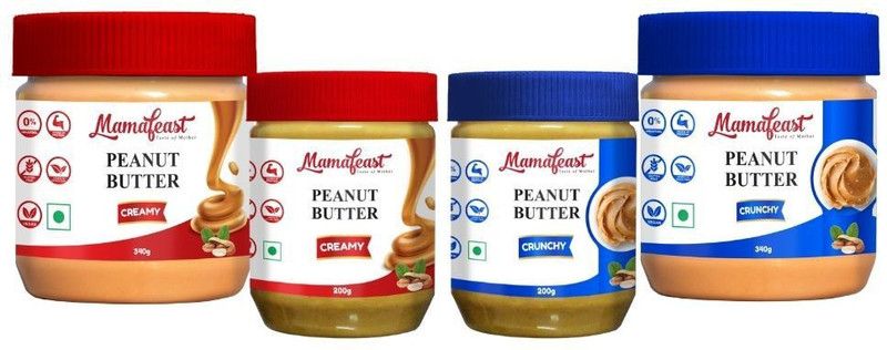 Mamafeast Peanut Butter Crunchy 1080g |Source of Protein & Fibre | No Added Sugar | Non GMO | Gluten Free | Premium Peanuts |100% Vegan |Cholesterol Free| 340g Pack of 2 |200g Pack of 2 | Pack of 4 1080 g  (Pack of 4)
