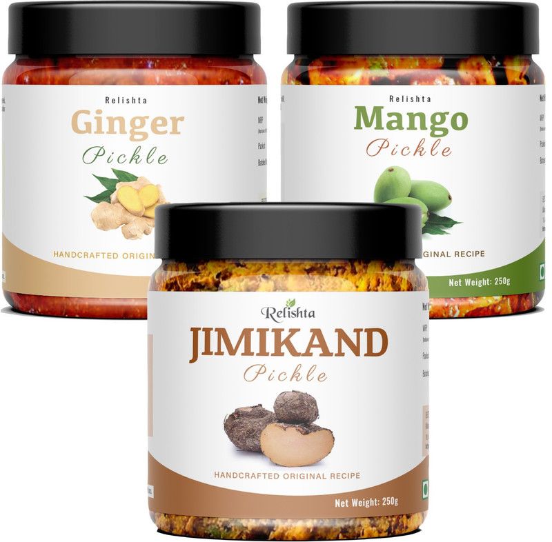Relishta Jimikand Ginger & Mango Pickle Suran Ka Achar Combo (3x250G) Less Oil Homemade Mixed Vegetable Pickle  (3 x 250 g)