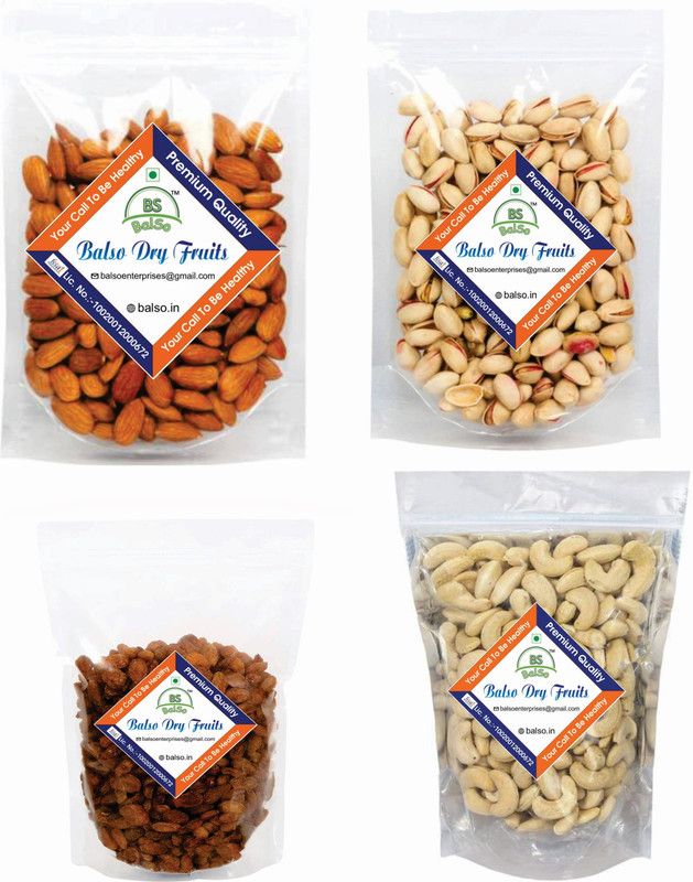 BalSo BS-Premium 100% Natural Almonds (400g) Cashews (400g) Roasted Pista (400g) And Munakka (400g) 1600g dry fruits combo pack Almonds,Kaju,Pista And Munakka (4x400g) Cashews, Almonds, Raisins, Pistachios  (4 x 400 g)