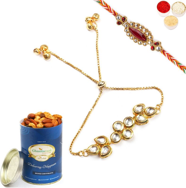 Ghasitaram Gifts T-23 Bhaiya Bhabhi Rakhi-Dryfruits Mix Can 100g Combo  (T-23 Bhaiya Bhabhi Rakhi-Dryfruits Mix Can 100gm-Roli-Chawal-chandan)