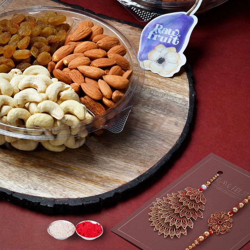 HyperFoods Premium Rakhi for brother and bhabhi with Dry Fruit Pack Cashew Almond Raisins Combo  (Cashew - 90 Gm, Almond - 90 Gm, Raisins - 120 Gm)