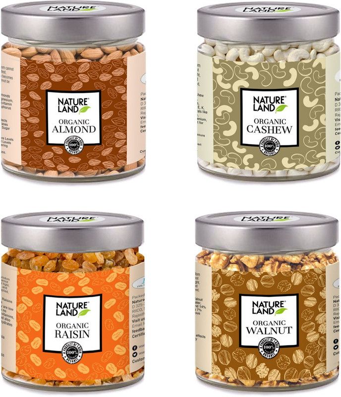 Natureland Organics Dryfruit combo of (Almonds 250gm, Cashew 200gm, Raisins 250gm, Walnut 150gm ) Almonds, Cashews, Raisins, Walnuts  (4 x 0.25 kg)