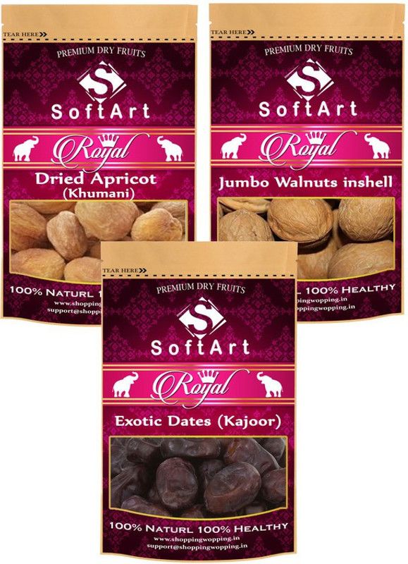 Soft Art Dry fruits Combo of Royal Apricot,Walnut in Shell,Khajoor (100g Each) Apricots, Walnuts, Dates  (3 x 100 g)
