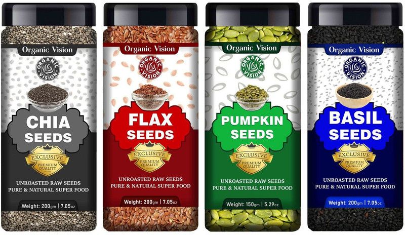 Organic Vision Combo Value Pack of Raw Chia Seeds, Brown Flax Seeds, Pumpkin Seeds, Basil Seeds With Essentail Nutritions and Minerals Chia Seeds, Brown Flax Seeds, Pumpkin Seeds, Basil Seeds  (750 g, Pack of 4)