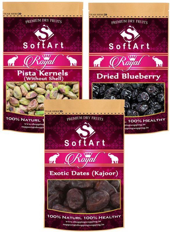 Soft Art Dry fruits Combo of Royal Pista Kernels,Blueberry,khajoor (100g Each) Pistachios, Blueberry, Dates  (3 x 100 g)