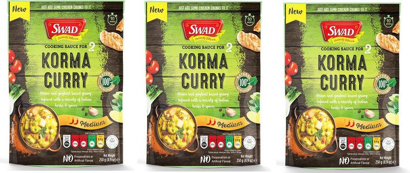 SWAD Korma Curry Cooking Sauce | Onion and Yoghurt based Gravy | Infused with a Variety of Indian Herbs and Spices | Pack of 3 | 250g Each 750 g