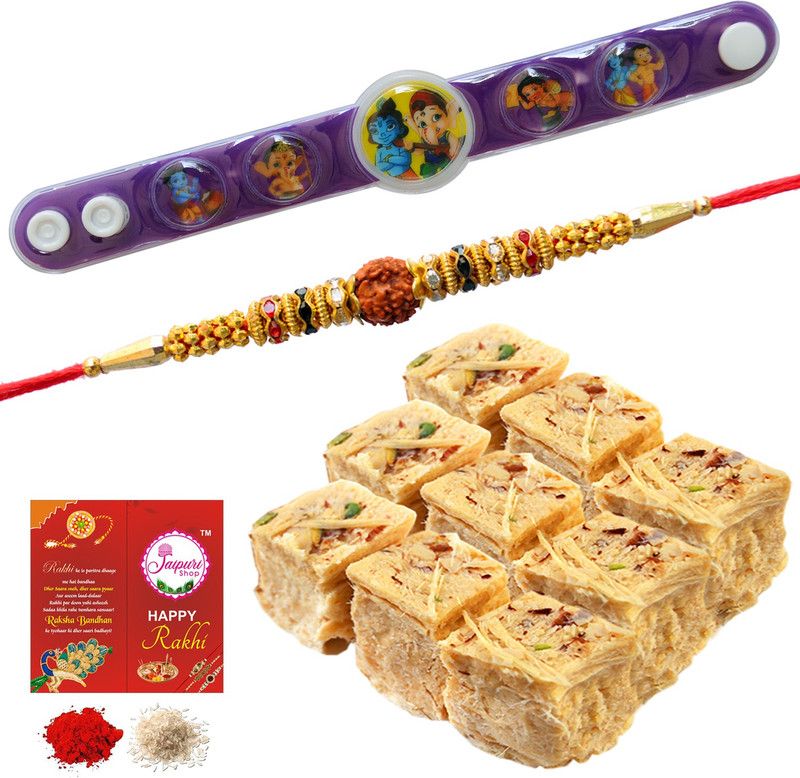 Jaipuri Shop Soan Papdi 450gm With Rudraksha With KrishanaGanesh Kids 2 Rakhi Set - BIKSNPD18_1RUD1KIDKG Combo  (5)
