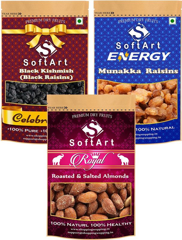 Soft Art Dry fruits combo of Black KIshmish,Munakka Raisins & Roasted Salted Badam (100g Each) Vacuum Pack Raisins, Raisins, Almonds  (3 x 100 g)