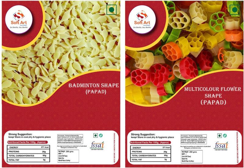 Soft Art Home Made Badmintion Shape Fryums, and Multicolor Flower Shape Fryums (250g Each) Fryums 500 g  (Pack of 2)