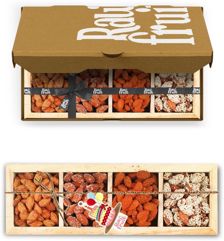 HyperFoods RawFruit Roasted Almond 4 Dry Fruit Combo Wooden Gift Box | Premium Dried Fruit Berries Combo Gift Pack with Greeting Card | Happy Birthday Anniversary Gift for Colleague Wife Girlfriend Parents  (750 g)