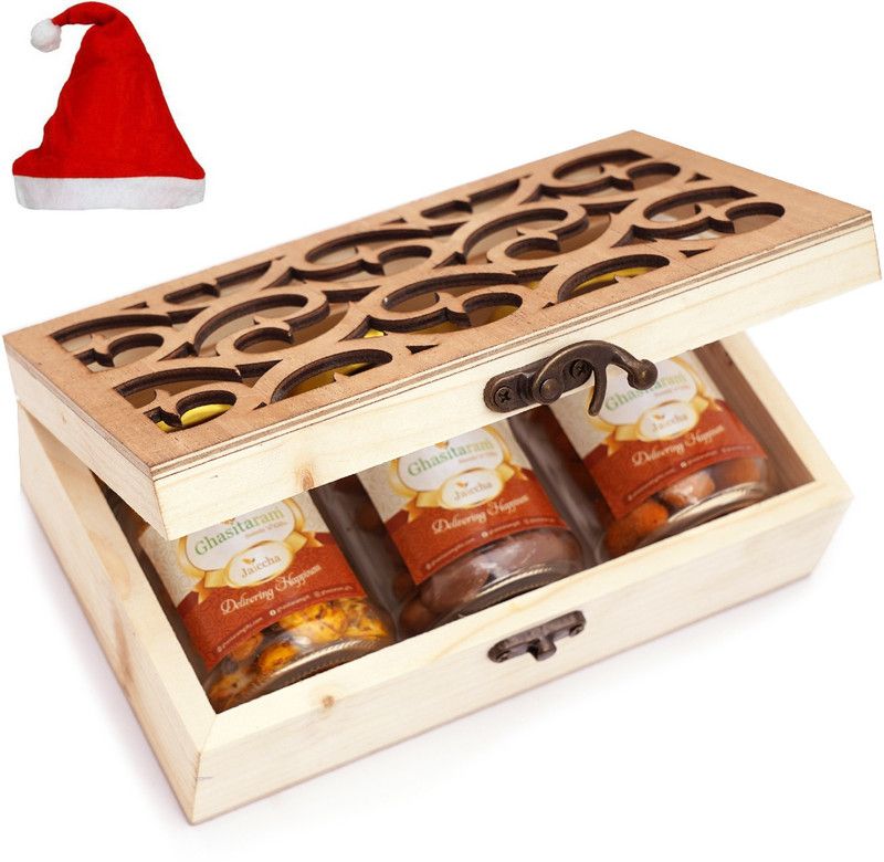 Ghasitaram Gifts Christmas Gifts-Natural Wood Carving Box with Chocolate Coated Cashews, Crunchy Cashews and Garlic Cashews Combo  (1 Chocolate Coated Cashews (70 gms), Crunchy Coated Cashews (70 gms), Garlic Cashews (70 gms), 1 Santa Cap)