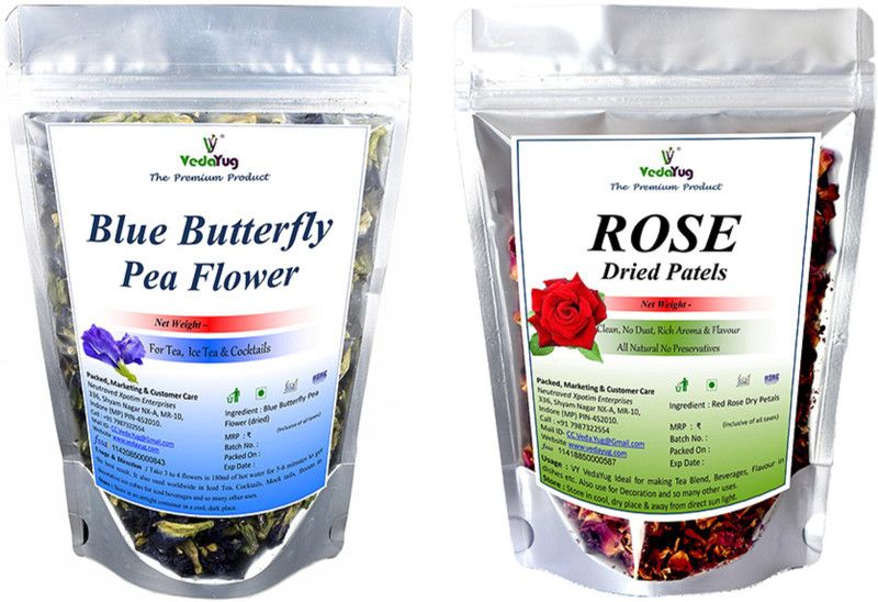 VY VedaYug Blue Butterfly Pea Flower 20g + Rose Petals Tea 50g For Drinks,  (70 g)