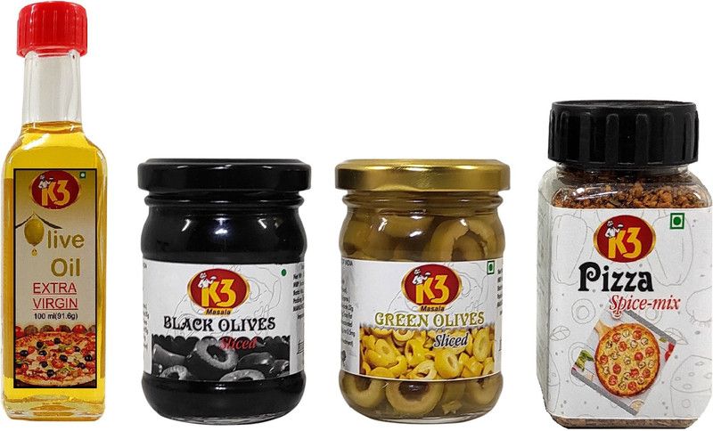 K3 Masala Pizza Combo-Olive Oil (100gm),Pizza Spice Mix (50gm),Green olives Sliced (120 gm) and Black olives Sliced (120 gm)(Pack of 4) Combo  (Olive Oil -100g, Pizza Spice Mix-50g, Black olive Sliced -120gm, Green Olives Sliced -120gm)