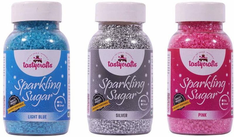 TastyCrafts Sparkling Sugar , Edible Sprinkle Decorations for Cake Décor , Coloured Sugar Confectionery , Combo of Pink, Blue & Silver - Pack of 3 Sparkling Sugar  (375 g, Coloured Sugar, Pack of 3)