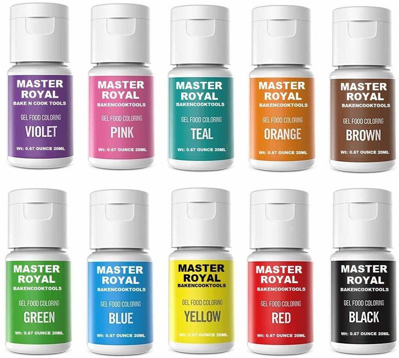 MASTER ROYAL BACKNCOOK TOOLS Concentrated Gel Food Color ( Pack of 10 ) for Cakes Chocolates Icing Whip Cream Piñata Sweets Pastries Multicolor  (200 g)