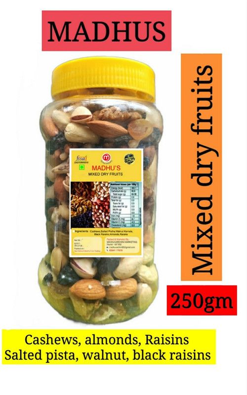 Madhus Mixed dry fruits 250gm (cashews almonds salted pistha raisins black raisins walnut kernels 250gm) Cashews, Almonds, Pistachios, Raisins, Walnuts  (250 g)