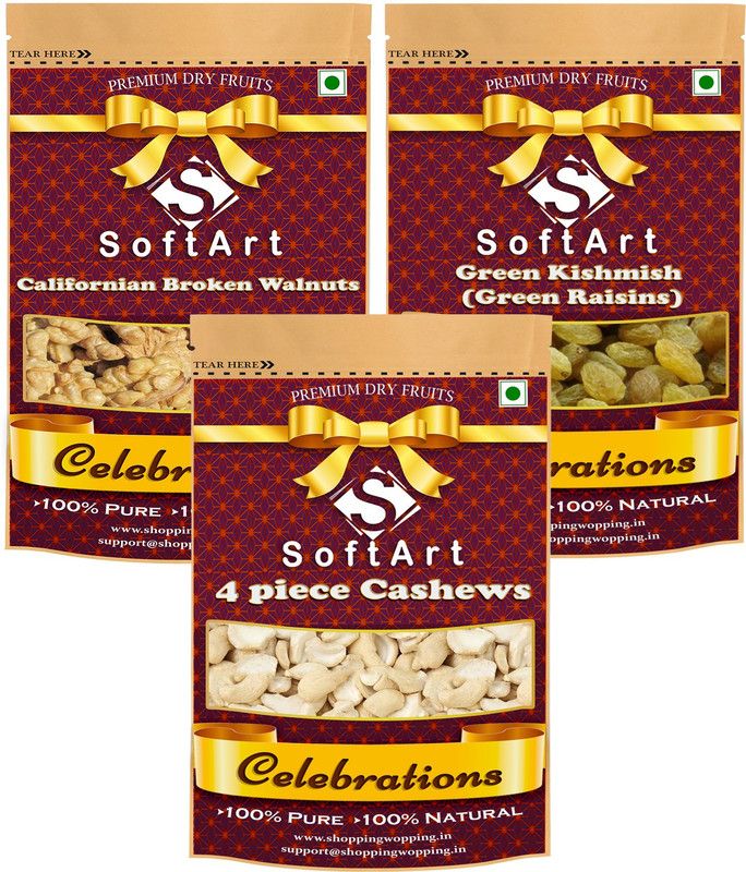 Soft Art Dry fruits combo of Broken Walnuts, Green Kishmish & 4 pcs Kaju (100g Each) Walnuts, Raisins, Cashews  (3 x 100 g)