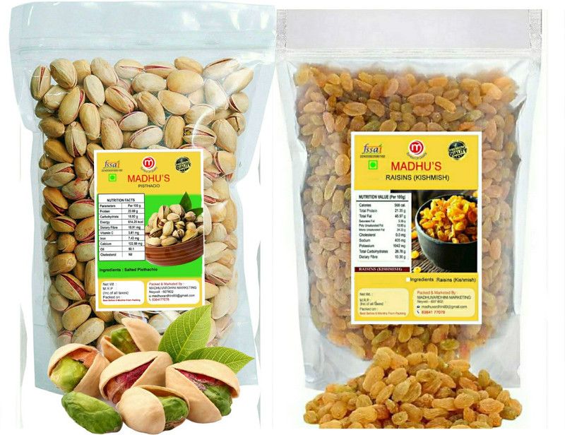 Madhus Mpistha raisins 500gm (cashew pistha 1kg) Pistachios, Raisins  (2 x 0.5 kg)