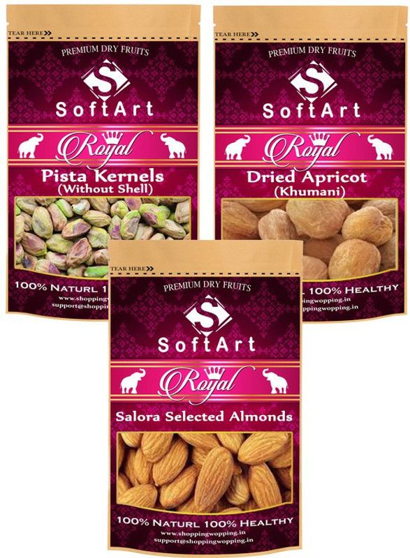 Soft Art Dry fruits combo of Pista Kernels,Apricot,Salora Selected (100g Each) Pistachios, Apricots, Almonds  (3 x 100 g)