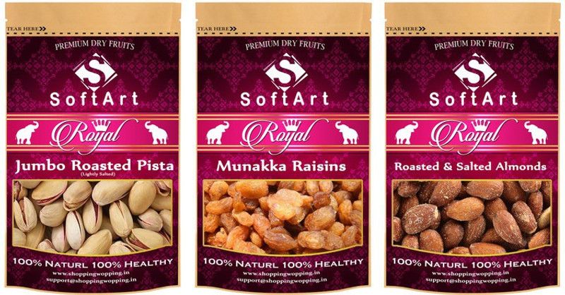 Soft Art Dry fruits combo of Jumbo Pista,Munakka,Salted Badam (100g Each) Pistachios, Raisins, Almonds  (3 x 100 g)