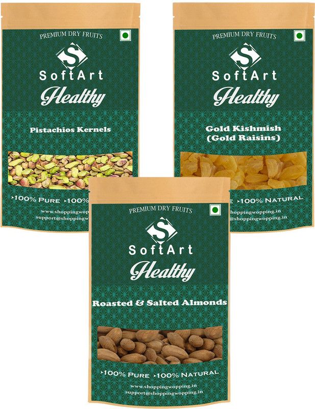 Soft Art Pistachios Kernels, Gold Kishmish (Gold Raisins) & Roasted & Salted Almonds (250g Each) Vaccum Pack Pistachios, Raisins, Almonds  (3 x 250 g)