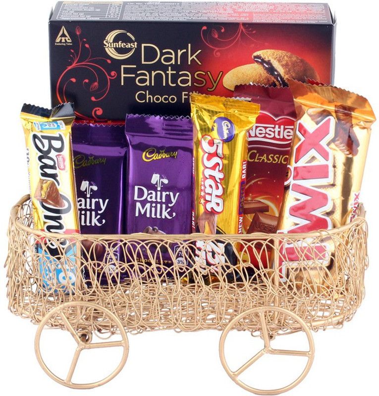 SurpriseForU Chocolate Gift | Choclates Loaded with Handcrafted Metal Cart Basket Combo  (Metalcart-DairyMilk-5Star-Twix-BarOne-NestleClassic-DarkFantasy)