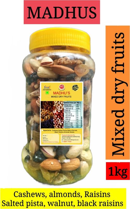 Madhus Mixed dry fruits 1kg (cashews almonds salted pistha raisins black raisins walnut kernels 1kg) Cashews, Almonds, Pistachios, Raisins, Walnuts  (2 x 0.5 kg)