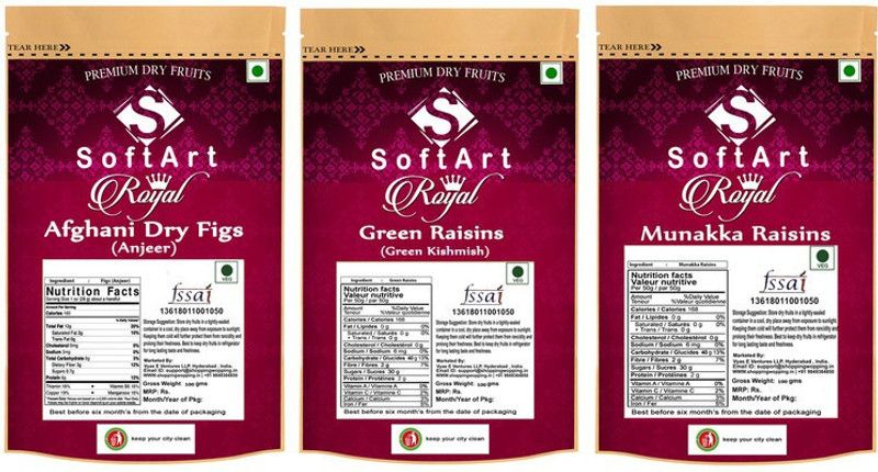 Soft Art Dry fruits combo of Anjeer,Green Kishmish,Munakka (100g Each) Figs, Raisins, Raisins  (3 x 100 g)