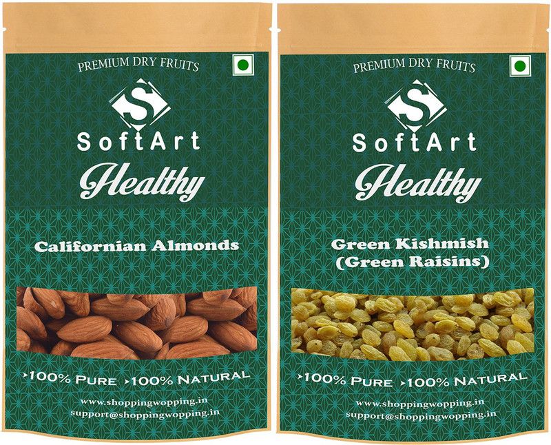 Soft Art Healthy Californian Badam Green Kishmish (250g Each) Green Raisins, Almonds  (2 x 250 g)