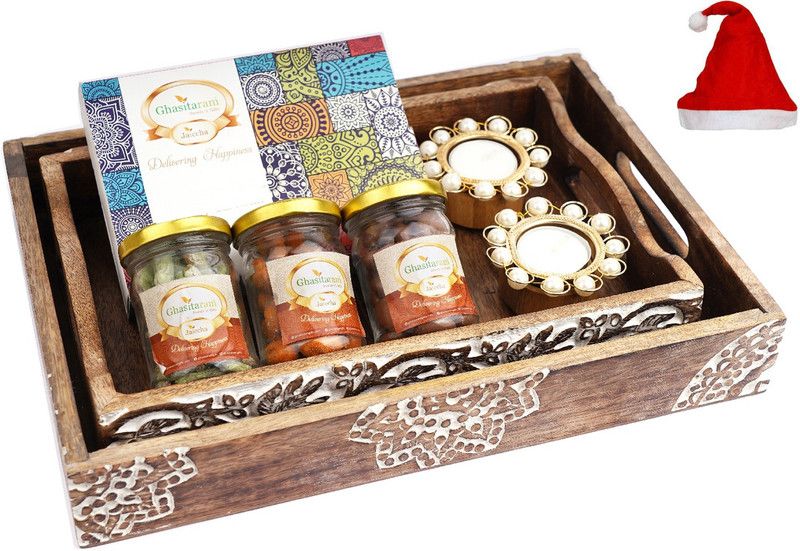 Ghasitaram Gifts Christmas-Set of 2 Wooden Serving Trays with bites, Paan Raisins, Crunchy Coated Cashews, Chocolate Coated Almonds and T-lites Combo  (360g)