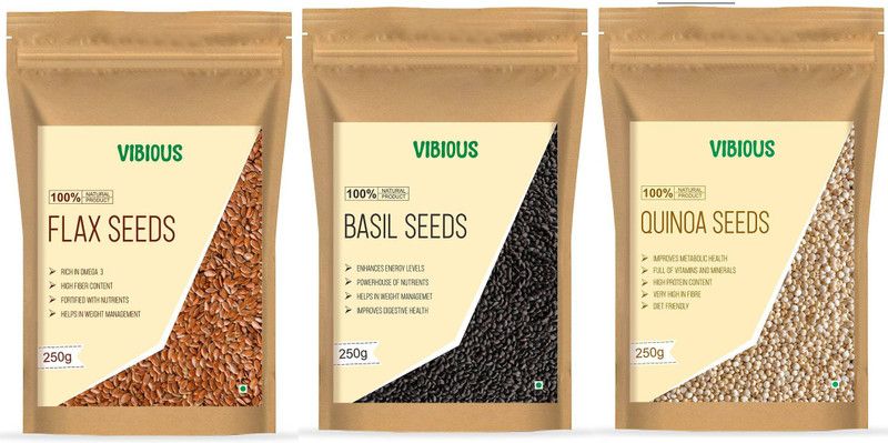 VIBIOUS Premium Grade pack of 3 Edible Raw Seeds of Quinoa, Basil & Flax 750g (250gX3)  (750 g, Pack of 3)