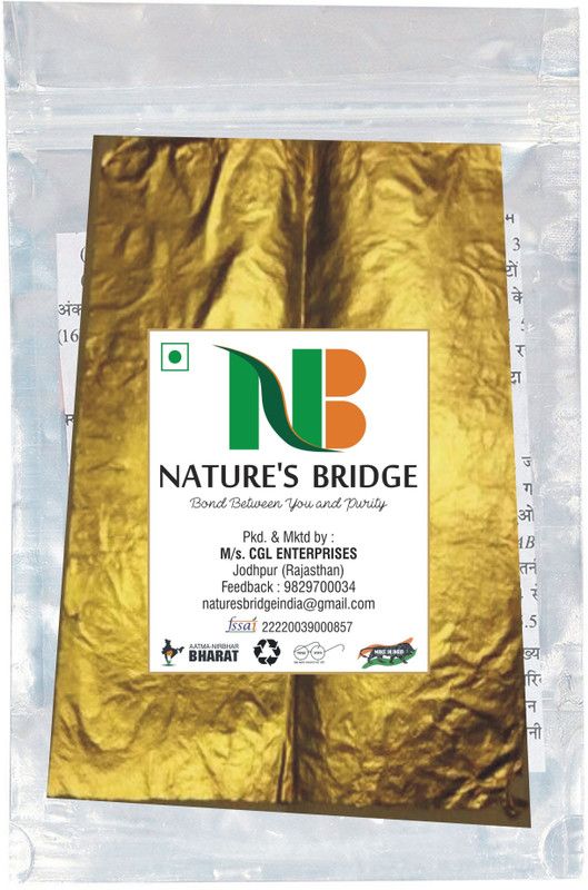 Nature's Bridge Pure 24 K Gold Leaf / Gold Vark / Gold Waraq / Edible Gold Leaf Jumbo size (3x5 Cm) for Decorating Sweets, Cake, Confectionery & Face Pack Use (Cosmetic) - 1 Leaf Glitters  (0.001 g)