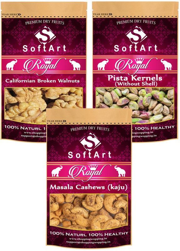 Soft Art Dry fruits combo of Broken Walnuts,Pista Kernels,Masala Kaju (100g Each) Walnuts, Pistachios, Cashews  (3 x 100 g)