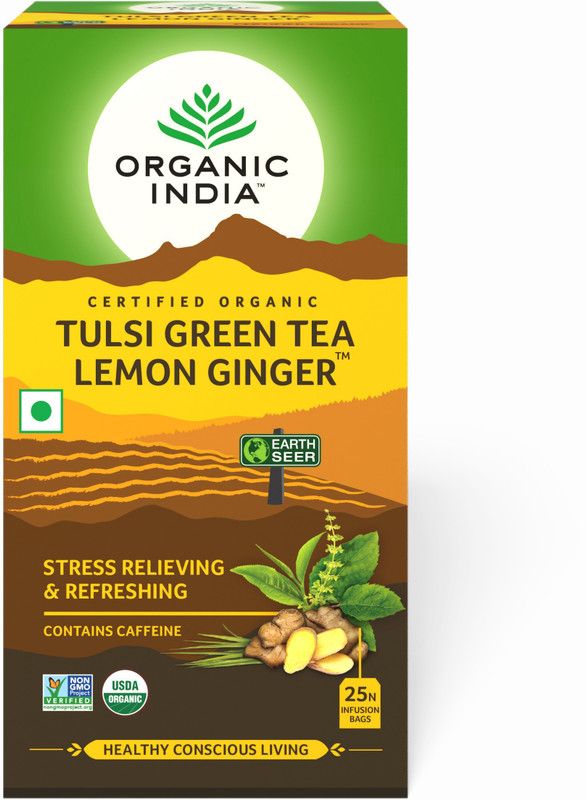 ORGANIC INDIA Lemon, Ginger and Tulsi Green Tea Bags Box  (25 Bags)