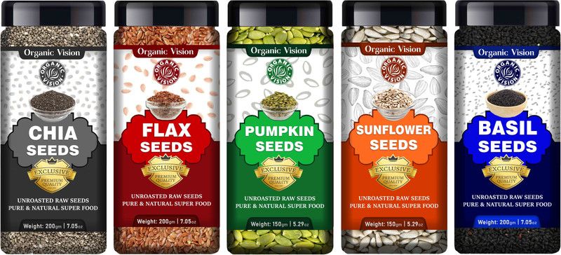 Organic Vision Combo Value Pack of Raw Chia Seeds, Brown Flax Seeds, Pumpkin Seeds, Sunflower Seeds, Basil Seeds Chia Seeds, Brown Flax Seeds, Pumpkin Seeds, Sunflower Seeds, Basil Seeds  (900 g, Pack of 5)
