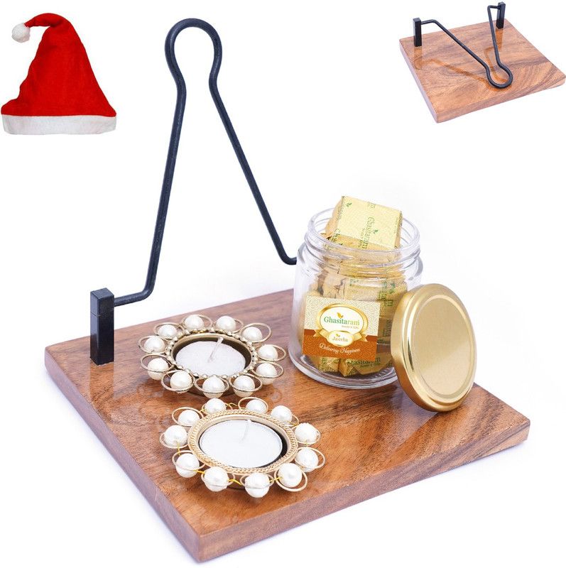 Ghasitaram Gifts Christmas-Napkin Holder with T-lites and Mewa Bites Jar Combo  (1 wooden Napkin Holder, 2 T-lites, Mewa Bites (120 gms), 1 Santa Cap)