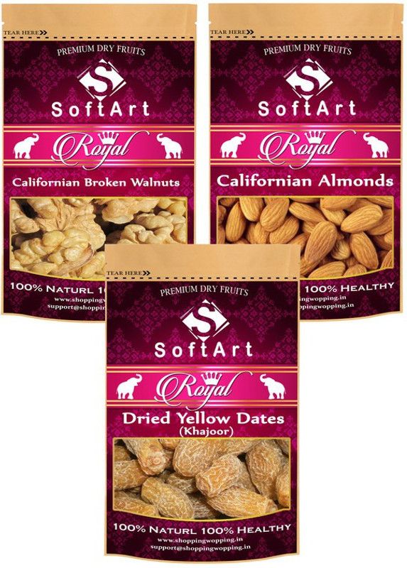 Soft Art Dry fruits combo of Broken Walnuts,Californian Almonds,Yellow Dates (100g Each) Walnuts, Almonds, Dates  (3 x 100 g)