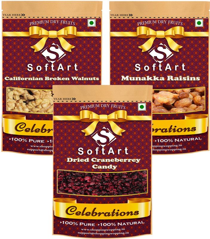 Soft Art Dry fruits combo of Broken Walnuts, Munakka & Cranberries (100g Each) Walnuts, Raisins, Cranberries  (3 x 100 g)