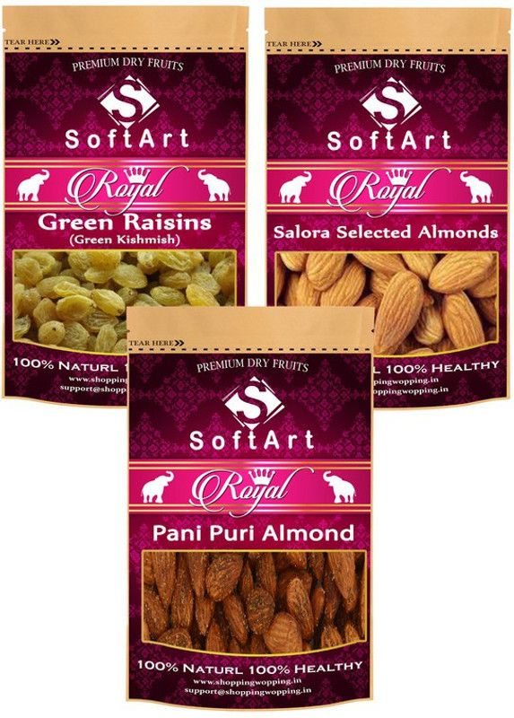 Soft Art Dry fruits combo of Green Kishmish,Salora Selected,Pani Puri Almond (100g Each) Raisins, Almonds, Almonds  (3 x 100 g)