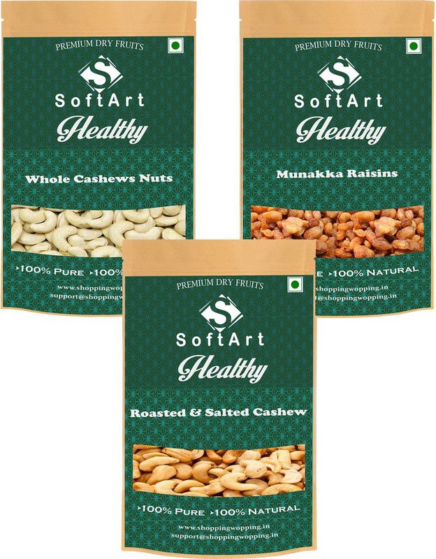 Soft Art Whole Cashews Nuts, Munakka Raisins And Roasted & Salted Cashew (250g Each) Vaccum Pack Cashews, Raisins, Cashews  (3 x 250 g)