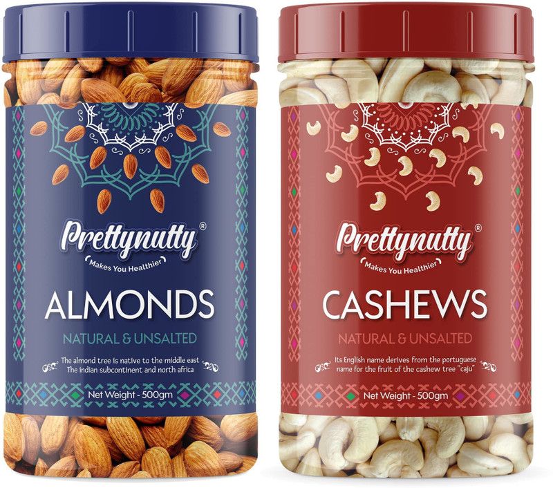 Prettynutty Combo Pack of Natural and Unsalted Cashew and Almonds - 500g Each Almonds, Cashews  (2 x 500 g)